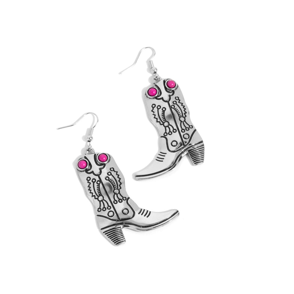 Silver and Pink Cowboy Boot Earrings